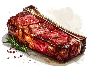 A juicy, perfectly cooked, bone-in steak, artistically depicted with seasonings and rosemary sprig