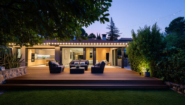 Warmly lit outdoor patio area of a house at dusk or evening