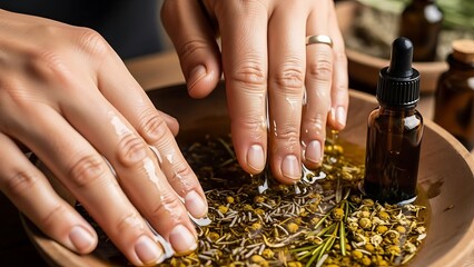 Hands soaking in herbal infused water for spa treatment and relaxation