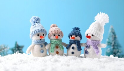 Three small snowmen with colorful hats and buttons standing on snowy surface against light blue background.