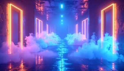 Futuristic neon hallway with glowing pink-orange doors, reflective foggy floor, and surreal blue ceiling lights.