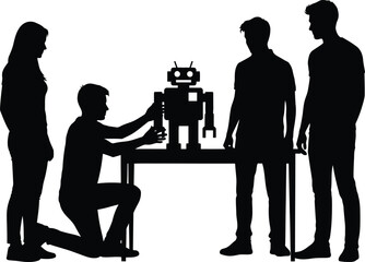 Students Collaborating on Robotics Engineering Project Black Silhouette Vector © Meherun