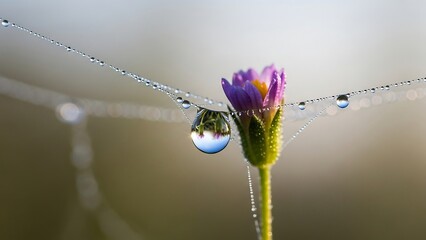 Delicate flower bud with water droplets on spiderweb, macro shot.