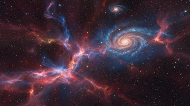 A breathtaking celestial landscape unfolds, featuring a majestic spiral galaxy slowly rotating amidst a vibrant tapestry of cosmic nebulae. Swirling clouds of gas and dust glow in brilliant hues of re