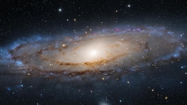 A breathtaking computer-generated depiction of a majestic spiral galaxy, slowly rotating and gleaming with countless stars against the dark canvas of deep space. This stunning visual showcases a brigh