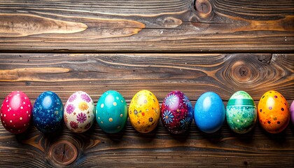 Colorful Easter eggs with floral patterns on wood surface, surrounded by spring blooms and sunlight.