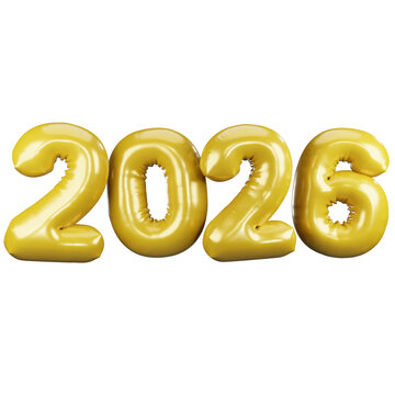 3D Render of 2026 Golden Yellow Inflatable Balloon Numbers. 