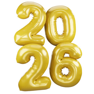 3D rendering of the year '2026' composed of shiny, inflated yellow balloon numbers, featuring a sleek, bright, and reflective latex finish. deal for New Year's Eve celebrations specific year 2026.