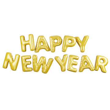 Happy New Year Golden Balloon Text on Transparent Background 3D Render. 
