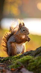 Obraz premium A red squirrel sits on a mossy log, bathed in golden sunlight