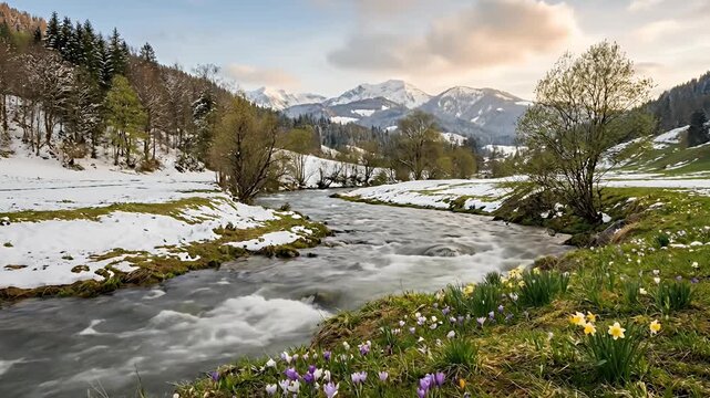 A breathtaking natural landscape captures the essence of early spring as a rapid river flows dynamically through a serene valley. Melting snow patches coexist with vibrant green grass and delicate spr