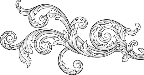 Vintage baroque acanthus flourish ornament with detailed engraved scrollwork, elegant decorative black line element isolated on white background vector illustration