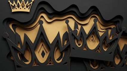 Elegant Black and Gold Crown Paper Cutout Design.