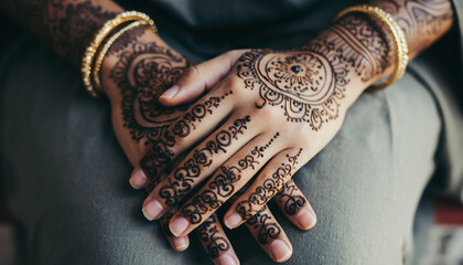 Festive Henna Hands. Ramadan & Eid content. A close-up of a woman's hands adorned with intricate dark brown henna patterns for the Eid celebration.
