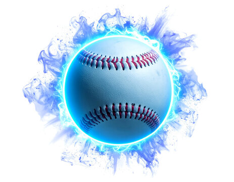 A baseball encircled by a glowing neon-blue energy, emanating outwards, with a transparent background