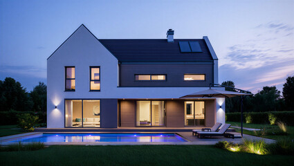 Modern two story house with pool and lit interior at dusk
