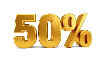 Golden 50 percent discount sign with shiny metallic texture isolated on white background
