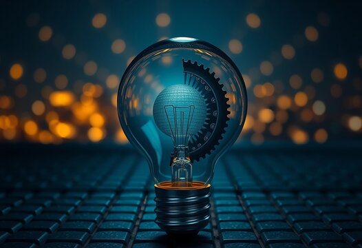 A glowing glass light bulb shines with bright energy on a dark background, representing a creative spark of innovation, inspiration, and a powerful business solution for a new technology idea