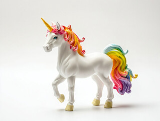 Colorful Unicorn Figurine with Rainbow Mane and Tail on White Background
