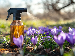 Brown spray bottle on the ground with blooming purple flowers nearby