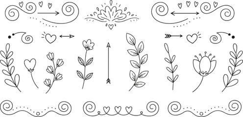 Hand drawn floral doodle elements cad flat vector illustration hearts arrows swirls decorative botanical line art set