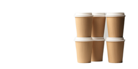 Five Brown Paper Coffee Cups Stacked on a White Background