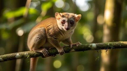 Obraz premium Grey Mouse Lemur Perched on Branch in Madagascar Rainforest.
