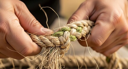 Hands meticulously crafting robust rope with careful attention to detail