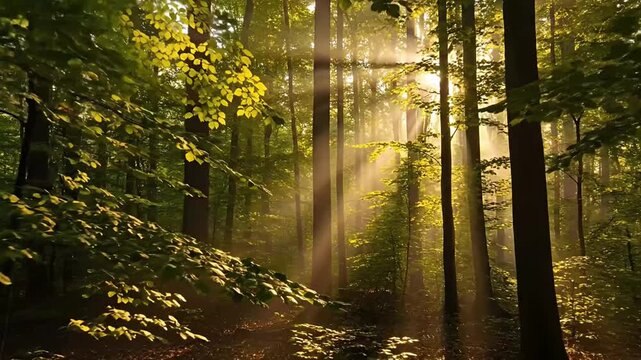A breathtaking view of a vibrant forest, bathed in golden sunlight filtering through the lush canopy. Majestic trees stand tall, their verdant green leaves illuminated by the warm, ethereal glow of th