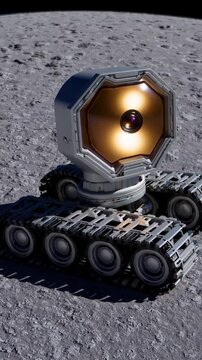 Futuristic exploration rover with a glowing camera lens moving on a dusty, rocky extraterrestrial surface, symbolizing advanced space research and remote operation