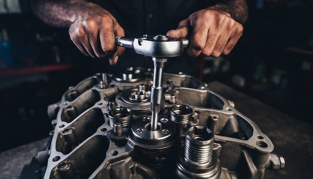 Close-up of male hands using a torque wrench on engine components, precise tightening during automotive repair, professional mechanical maintenance and accuracy control. - Powered by Adobe