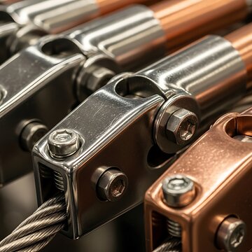 Macro perspective of electrical grounding connections with copper conductors