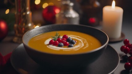 "A bowl of creamy orange soup garnished with berries, cream swirl, and rosemary sits among candles, ornaments, and festive lights, evoking warmth and holiday cheer."
