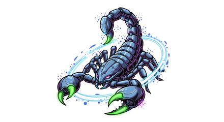 Cybernetic scorpion with glowing green claws and purple accents