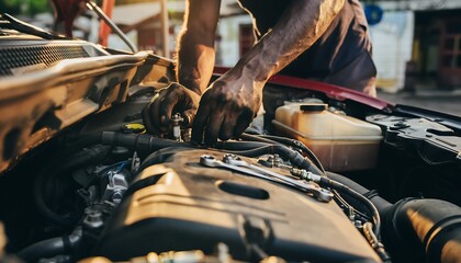 Close-up of male hands checking spark plugs inside a car engine bay, grease on fingers, detailed automotive inspection and professional mechanical maintenance concept.