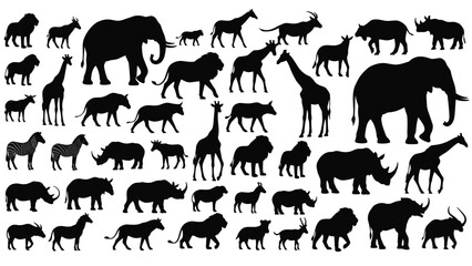 Black silhouettes of African safari animals set, wild wildlife group collection including elephant lion giraffe rhino and zebra, isolated white. © Shahariay