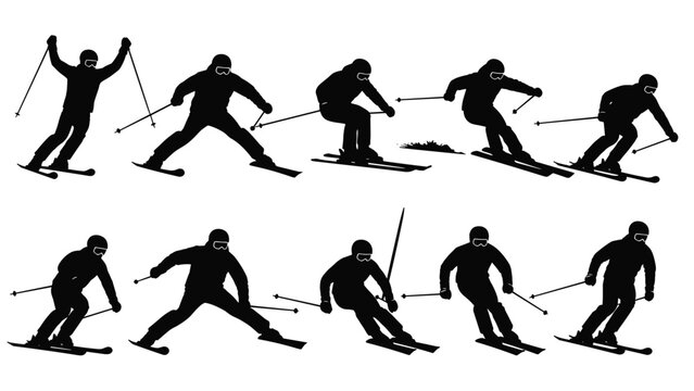Black silhouette set of skiers in various poses, skiing downhill, jumping,  carving on white background for winter sports design.
