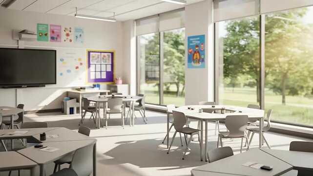 A bright and meticulously organized modern learning environment bathed in natural sunlight streaming through large, expansive windows. The contemporary space features an array of hexagonal tables and 