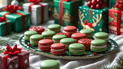 assorted green and red macarons, delicately placed on a decorative holiday platter, surrounded by festive Christmas gifts