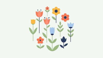 Minimalist flat vector illustration featuring abstract flowers and botanical elements in a clean modern style. Designed with vibrant yet soft colors, simple shapes, and balanced composition on a light