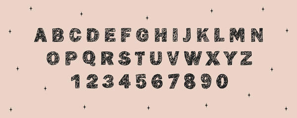 English alphabet crayon. Distressed crayon font. Childlike letters and chalk texture for school study. Retro design projects. Vector illustration