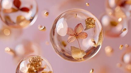 Elegant 3D Render of Botanical Petals Encased in Crystal Bubbles with Metallic Gold Accents