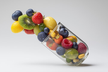 Large Glass Medicine Capsule Filled with Fresh Mixed Fruits and Berries on White Background