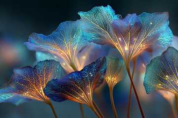 Surreal Translucent Plant Leaves with Glowing Bioluminescent Veins