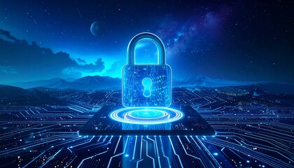 A luminous padlock glows atop a digital circuit board, set against a night sky with a planet and distant mountains