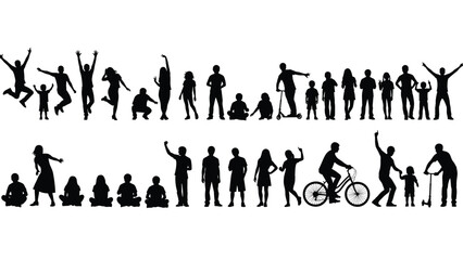 Large set of diverse people silhouettes in various active poses like jumping, walking, sitting, cycling, and playing on white background.