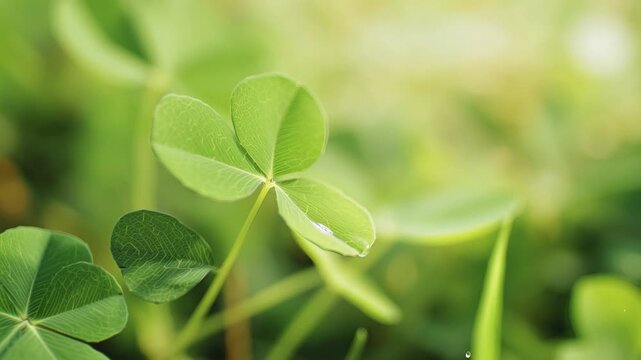 Clover's Emerald Embrace: Close-up of a three-leaf clover, showcasing its vibrant emerald green hue, symbolizing luck and nature's quiet beauty in a sunny setting.