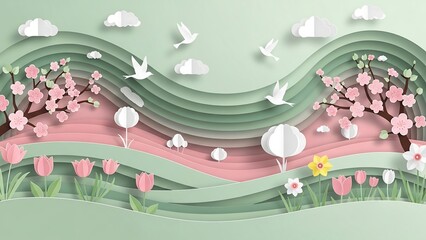 Paper art spring landscape with flowers, birds, and clouds.