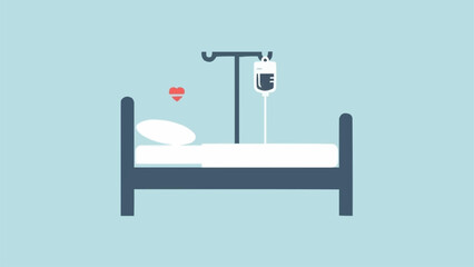 Hospital bed with IV drip and medical equipment.