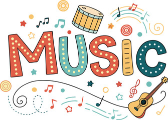 Celebrate the joy of music with this vibrant illustration featuring instruments, notes, and playful elements for posters, cards, and educational projects © merry
